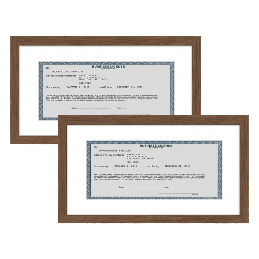 Two walnut 5x10 license frames with white mats, each holding a business license 