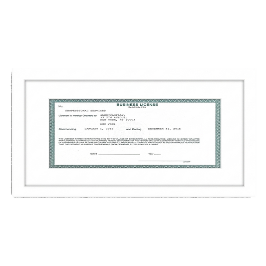 White 5x10 license frame holding a business license certificate behind glass #flat