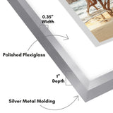 Corner diagram of a silver float frame: polished plexiglass, 0.35 inch width, 1 inch depth 