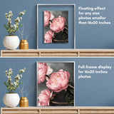 Card comparing a silver float frame floating and full-frame for 16x20 inch photos 