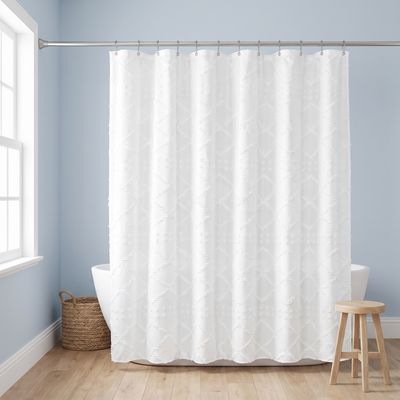71x71 Woven Linen Shower Curtain with Tassel Accents and 12 Grommets | Textured Designs — Abstract / 71 x 71