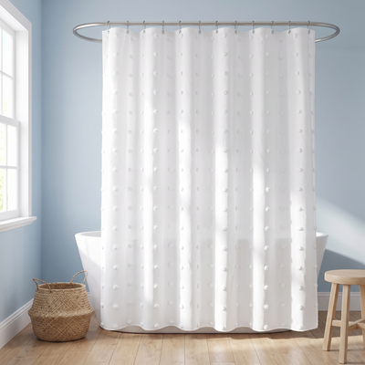 71x71 Woven Linen Shower Curtain with Tassel Accents and 12 Grommets | Textured Designs — Circle / 71 x 71