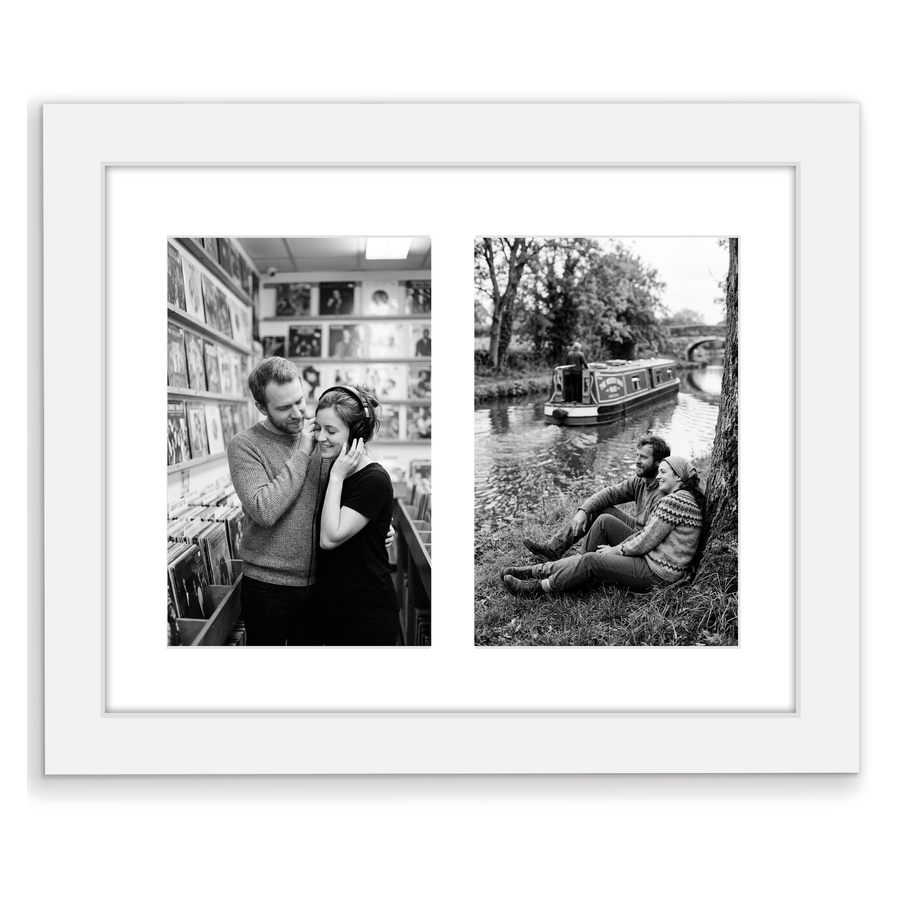 White 8x10 frame, a wide white mat with two 4x6 openings holding couple photos 
