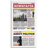 White 11x22 newspaper frame holding a sample newspaper front page behind plexiglass 