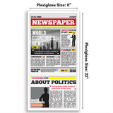 Size diagram of the white newspaper frame: 11 by 22 inch plexiglass 