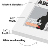Corner diagram: polished plexiglass, 0.9 inch width, 0.6 inch depth, white wood molding 