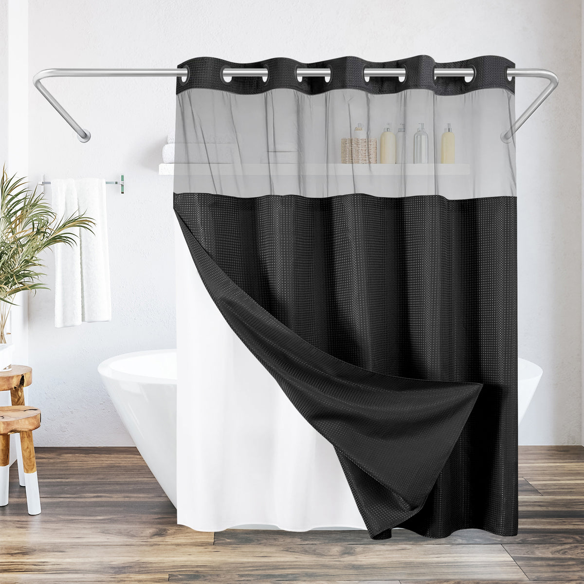 Americanflat 72x75 Hookless Waffle Pattern Shower Curtain - Water-Resistant Long Shower Curtain with Sheer Panel, Snap-In Liner, and Grommets