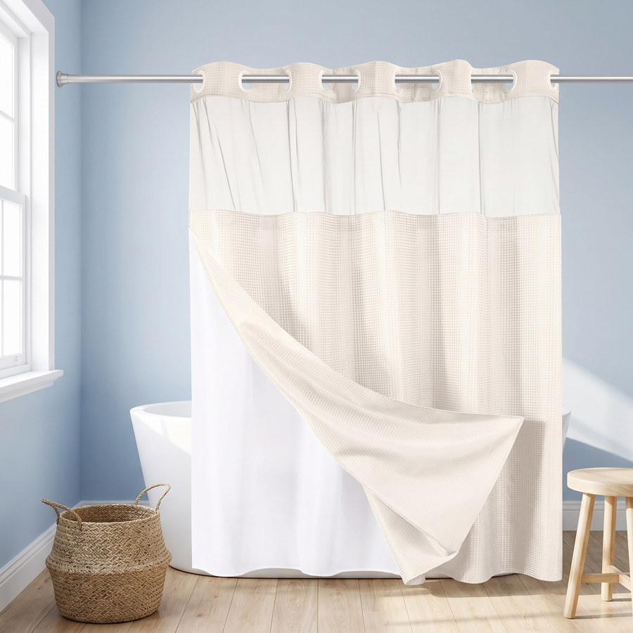 An off-white shower curtain with a textured waffle-weave lower section and a smooth ruffled upper panel, hanging on a silver rod in a bright bathroom with light blue walls, a bathtub, a woven basket, and a wooden stool. 