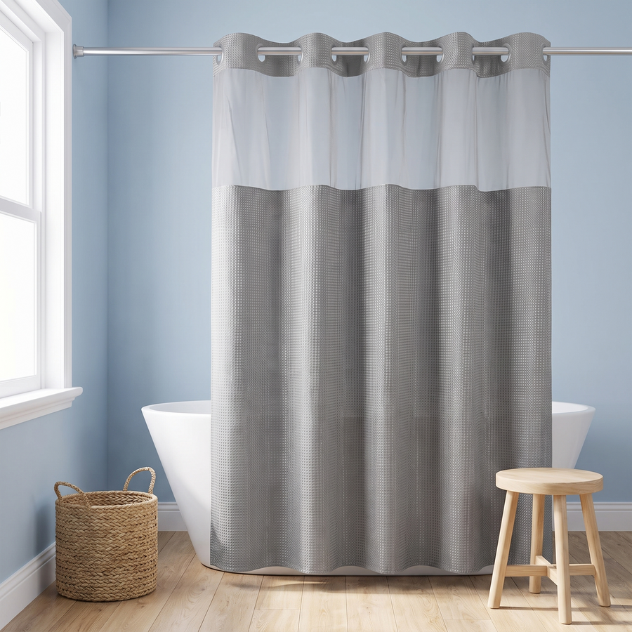 A gray and white two-tone shower curtain hanging in a bright bathroom with light blue walls, a white bathtub, a woven basket, and a small wooden stool. 