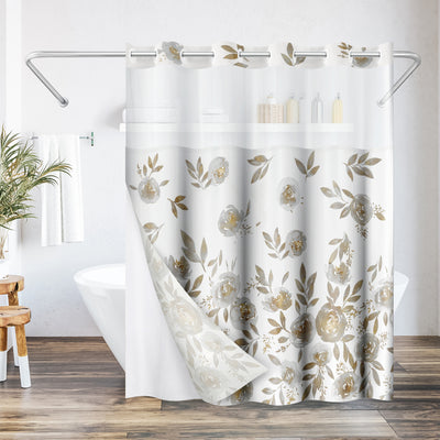 Americanflat 72x75 Hookless Shower Curtain - Floral Gold Grey Shower Curtain with Sheer Panel, Snap-In Liner, and Grommets - 100% Polyester — Default Title