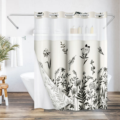 Americanflat 72x75 Hookless Shower Curtain - Floral Cream and Black Shower Curtain with Sheer Panel, Snap-In Liner, and Grommets - 100% Polyester — Default Title