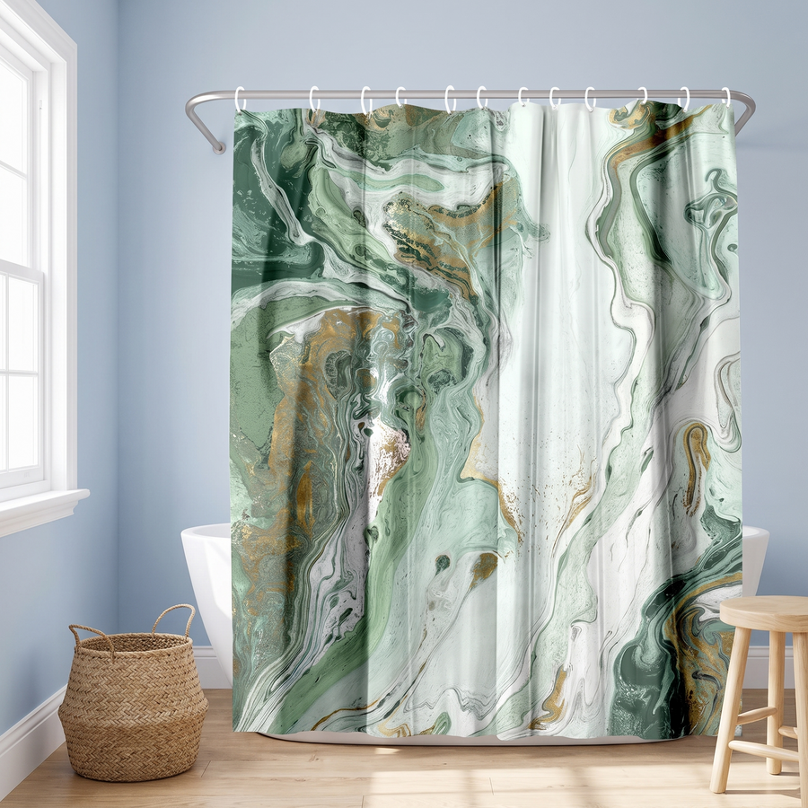 A fabric shower curtain with a green, white, and gold marble swirl pattern hanging on a silver rod in a bright bathroom with light blue walls. 