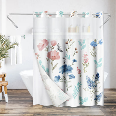 Americanflat 72x75 Hookless Shower Curtain - Floral Blue and Pink Shower Curtain with Sheer Panel, Snap-In Liner, and Grommets - 100% Polyester — 72 x 75