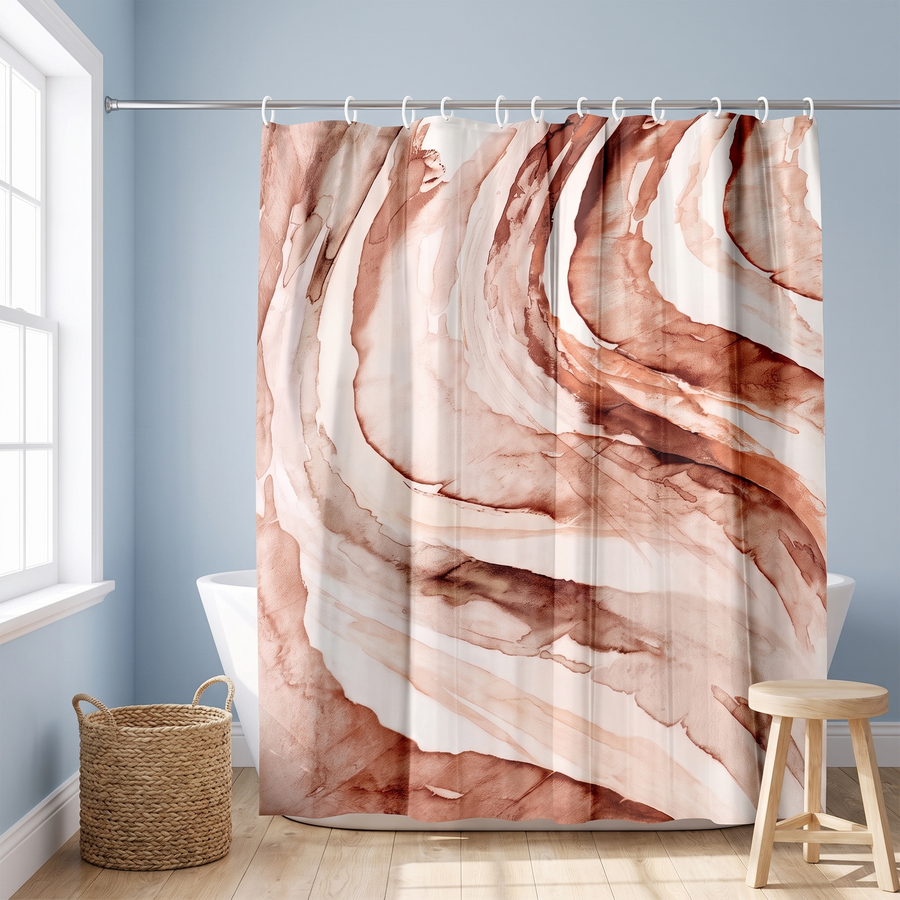 A shower curtain with a brown and beige marble swirl pattern hanging in a bright bathroom with a blue wall, white tub, and wooden stool. 