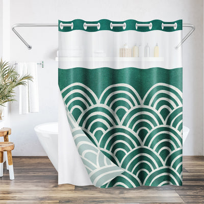 Americanflat 72x75 Hookless Shower Curtain - Abstract Green White Shower Curtain with Sheer Panel, Snap-In Liner, and Grommets - 100% Polyester — 72 x 75