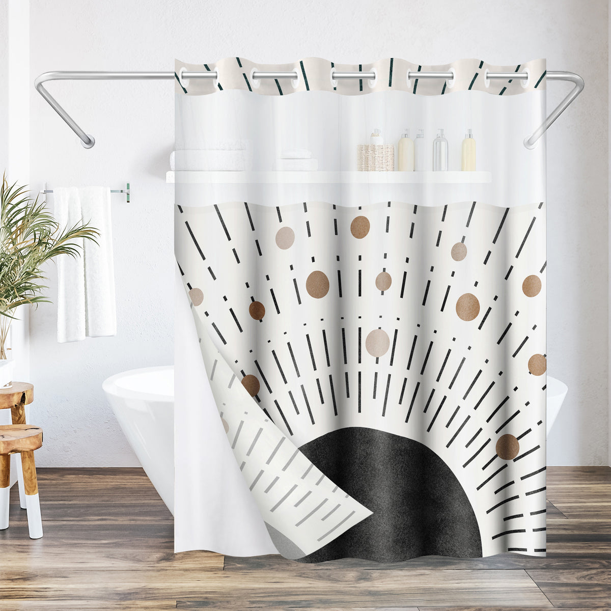 Americanflat 72x75 Hookless Shower Curtain - Abstract Black Bronze Shower Curtain with Sheer Panel, Snap-In Liner, and Grommets - 100% Polyester