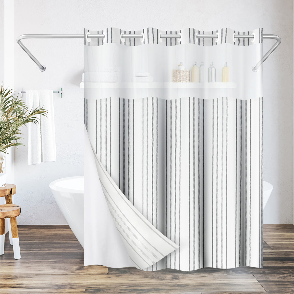 72x75 Hookless Shower Curtain with Sheer Panel, Snap-In Liner, and Grommets | Stripes