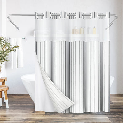 72x75 Hookless Shower Curtain with Sheer Panel, Snap-In Liner, and Grommets | Stripes — 72 x 75
