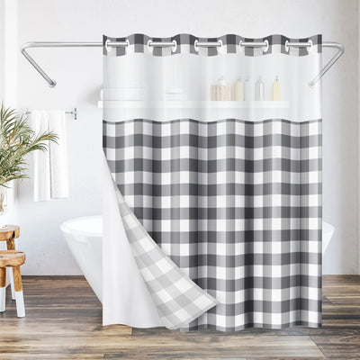 Americanflat 72x75 Hookless Shower Curtain - Gray Plaid Shower Curtain with Sheer Panel, Snap-In Liner, and Grommets - 100% Polyester — 72 x 75