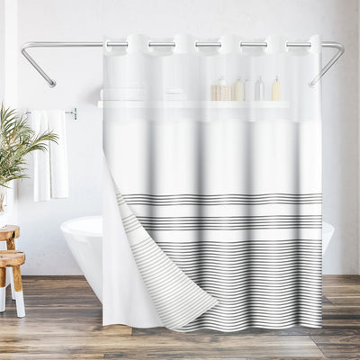 Americanflat 72x75 Hookless Shower Curtain - Grey Lines Shower Curtain with Sheer Panel, Snap-In Liner, and Grommets - 100% Polyester — 72 x 75