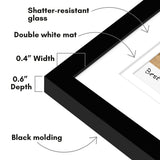 Corner diagram of the black frame: shatter-resistant glass, double white mat, 0.4 inch width 