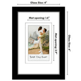 Size diagram of the black matted Instax frame: 4 by 6 inch glass, 1.6 inch mat opening 