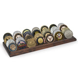 Walnut four-row coin display filled with military and service challenge coins 