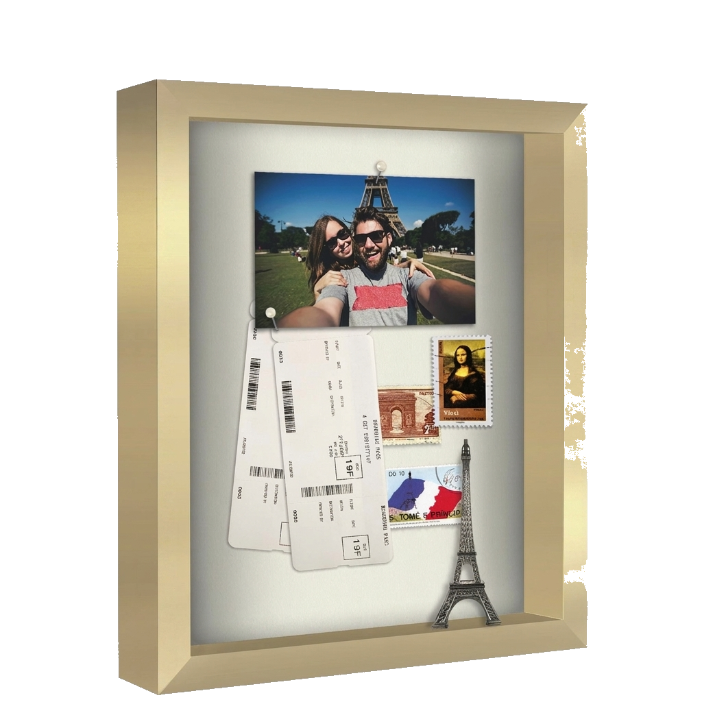 Gold 11x14 shadow box holding travel keepsakes: a photo, tickets and an Eiffel Tower model 