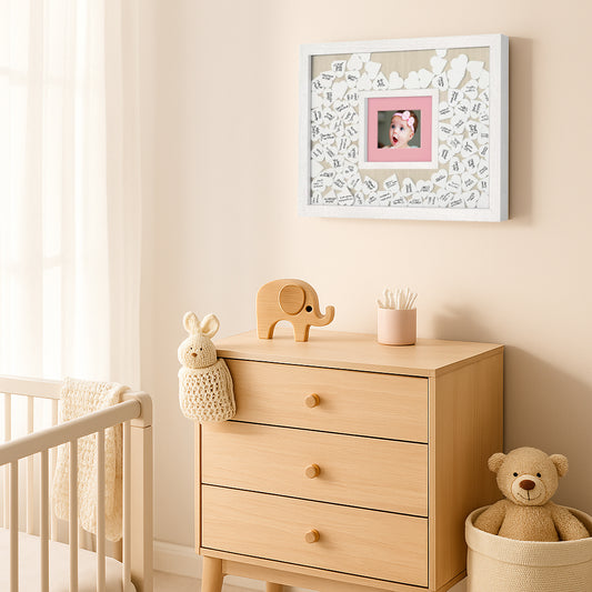 Americanflat 12x16 Baby Shower Guest Book with Pink and Blue Mats | Includes 80 Heart Tokens | White