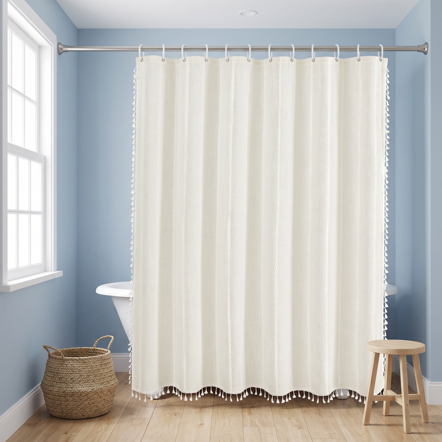 An off-white shower curtain with tassel trim hanging from a silver rod in a bright bathroom with light blue walls, a white tub, a woven basket, and a wooden stool. 