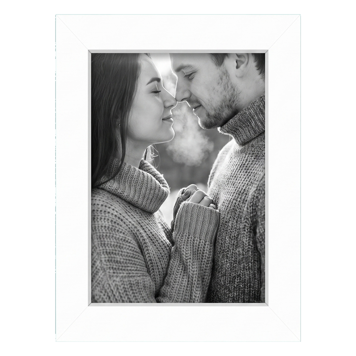 White 5x7 Soho frame with a wide white mat, a couple nose to nose in the cold 