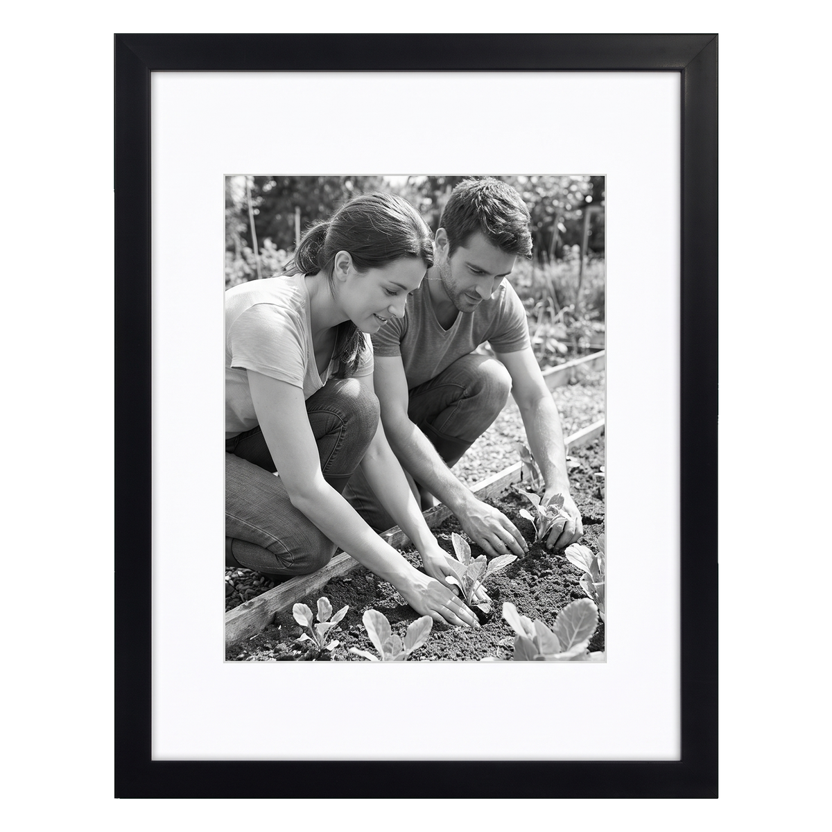Black 11x14 Soho frame, white mat opening to 8x10, a couple planting seedlings 