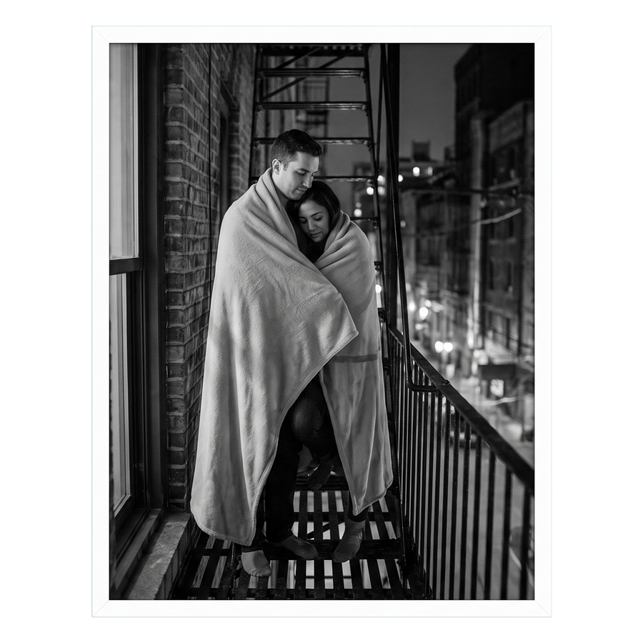 White 18x24 Soho frame with a wide white mat, a couple wrapped in a blanket 
