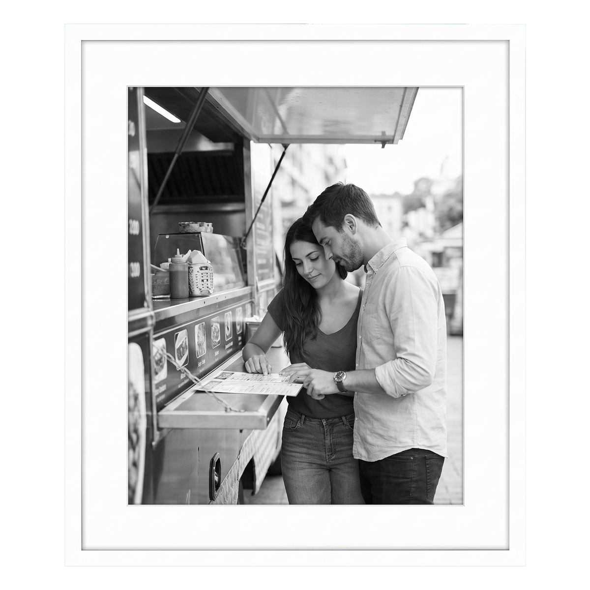 White 20x24 Soho frame, white mat opening to 16x20, a couple at a food truck 