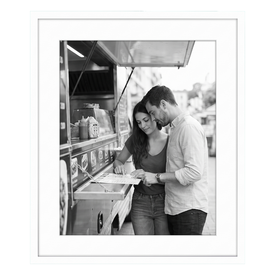 White 20x24 Soho frame, white mat opening to 16x20, a couple at a food truck 