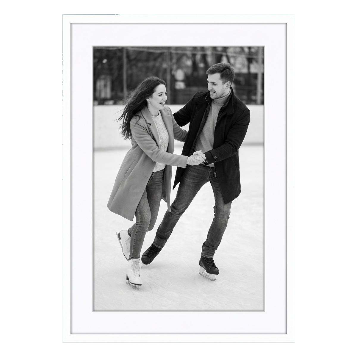 White 20x28 Soho frame, white mat opening to 16x24, a couple ice skating 