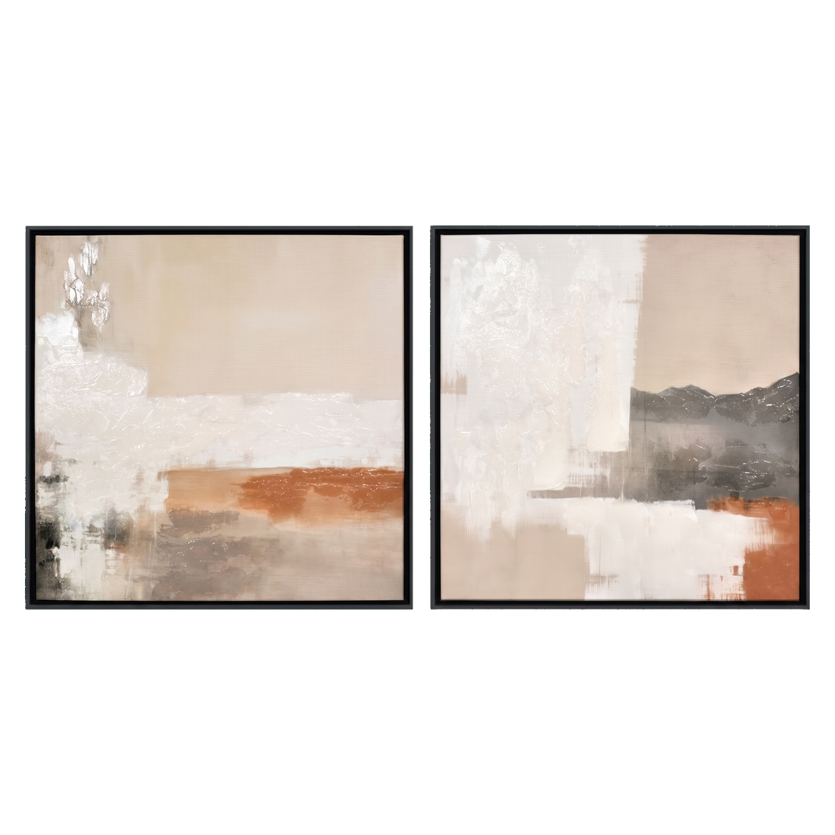 Two 20x20 canvases in slim black frames, abstract blocks of cream, grey and terracotta 