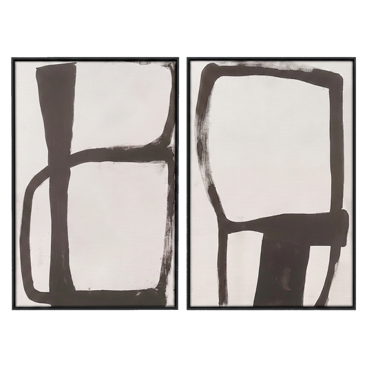 Two 16x20 canvases in slim black frames, loose charcoal brushstroke outlines on cream #flat