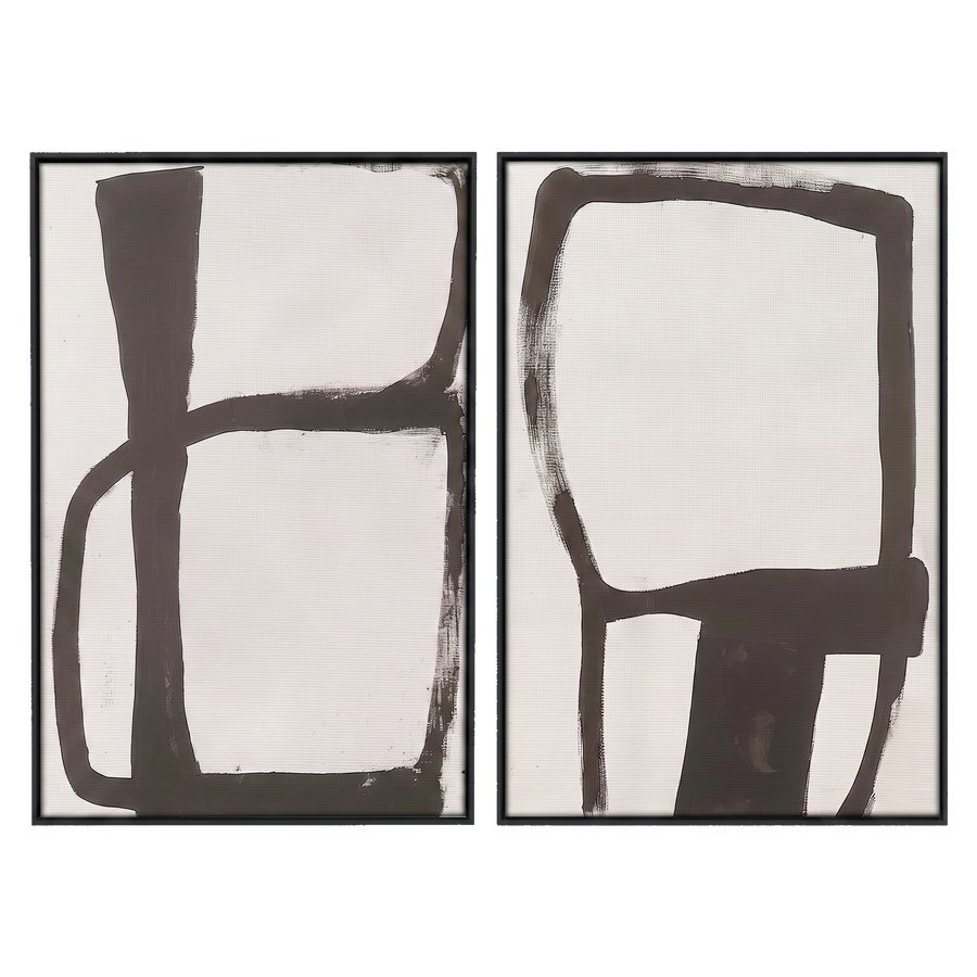 Two 16x20 canvases in slim black frames, loose charcoal brushstroke outlines on cream #flat