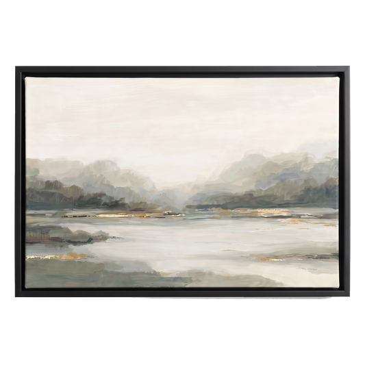 Framed canvas, 30x40, a misty green lake with gold foil highlights along the shore #flat