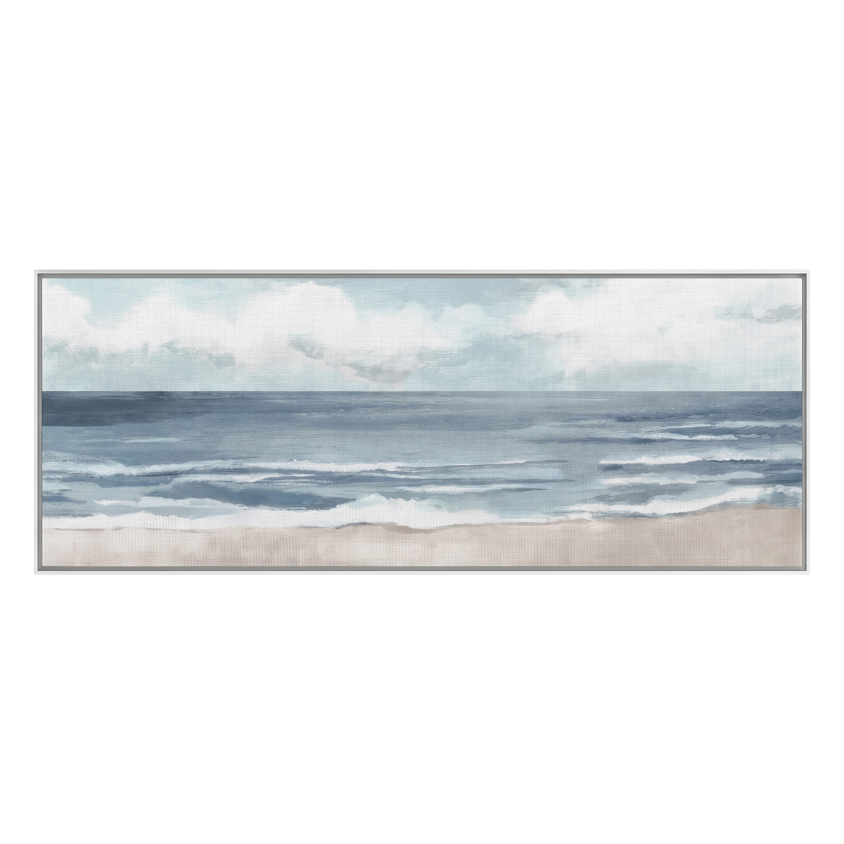 Framed canvas, 20x40, a soft watercolour seascape of waves meeting pale sand 