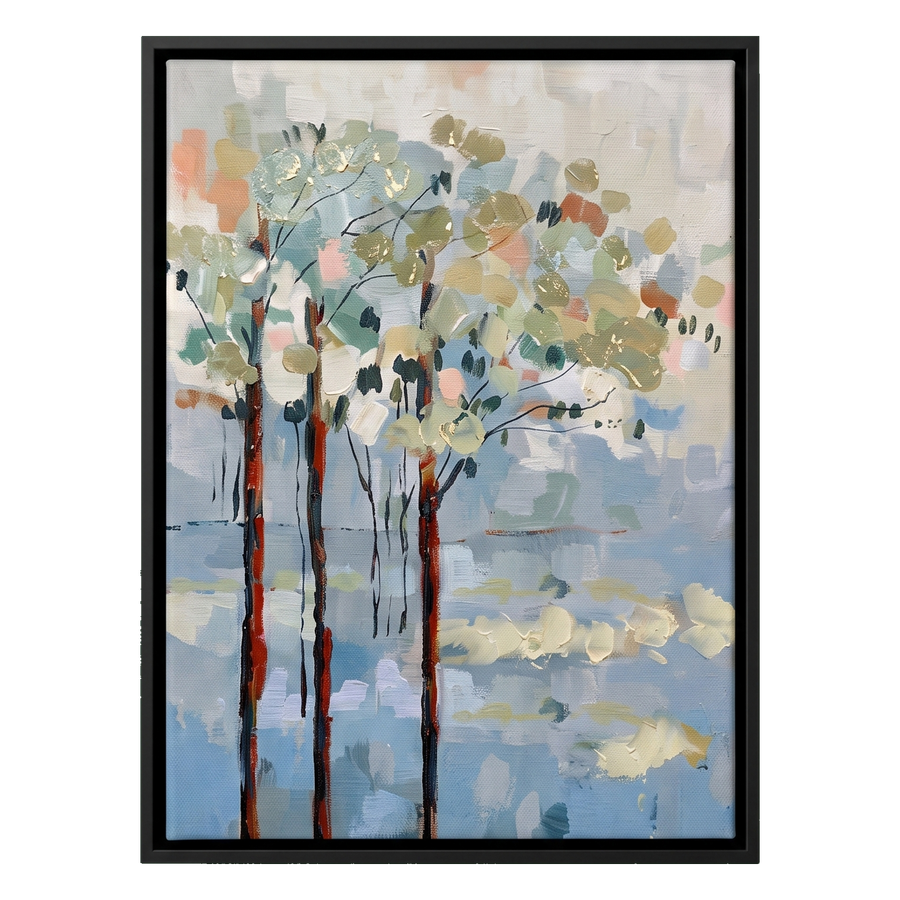 Framed canvas, 12x16, a painted stand of slender trees reflected in pale blue water #flat