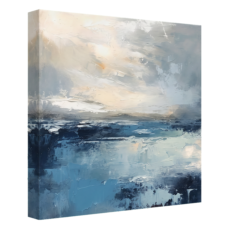 24x24 gallery wrapped canvas, a textured abstract seascape in deep blue and cream, wrapped edge shown #flat