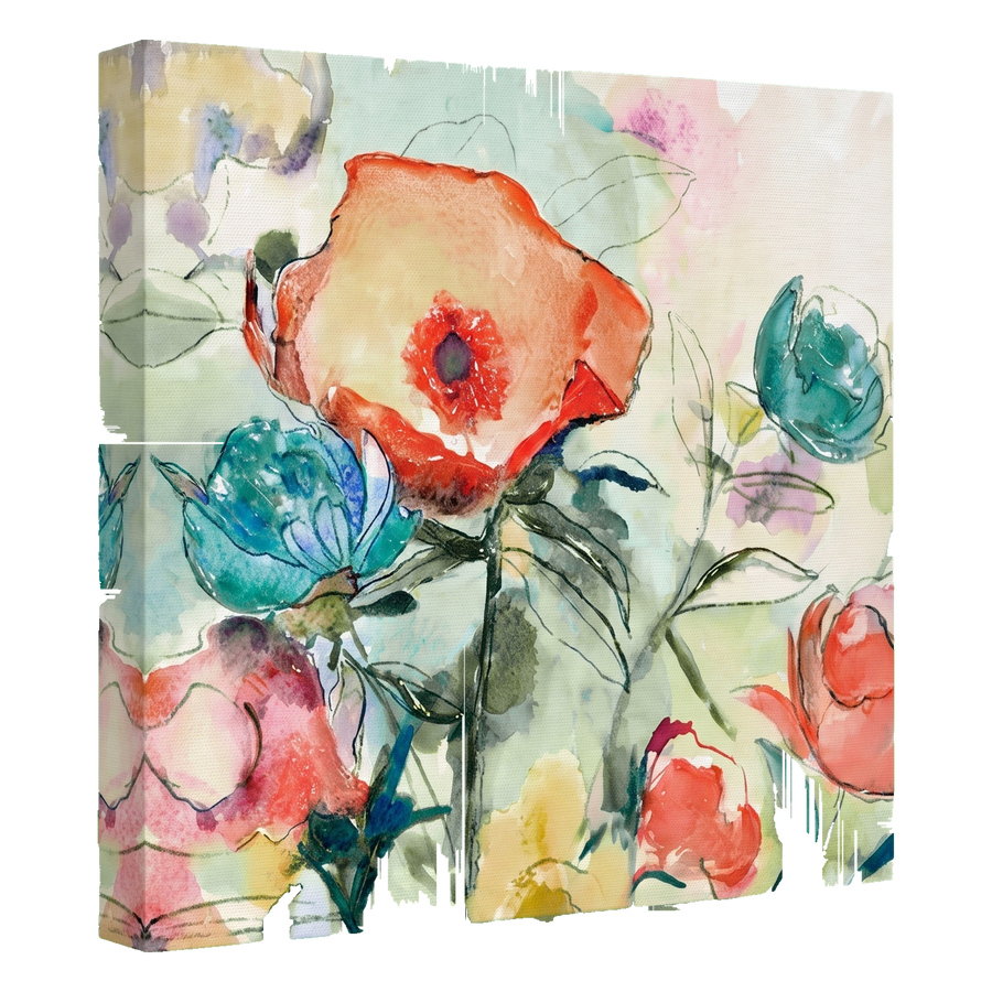 Gallery-wrapped canvas, 16x16, a watercolour of red poppies and teal blooms #flat