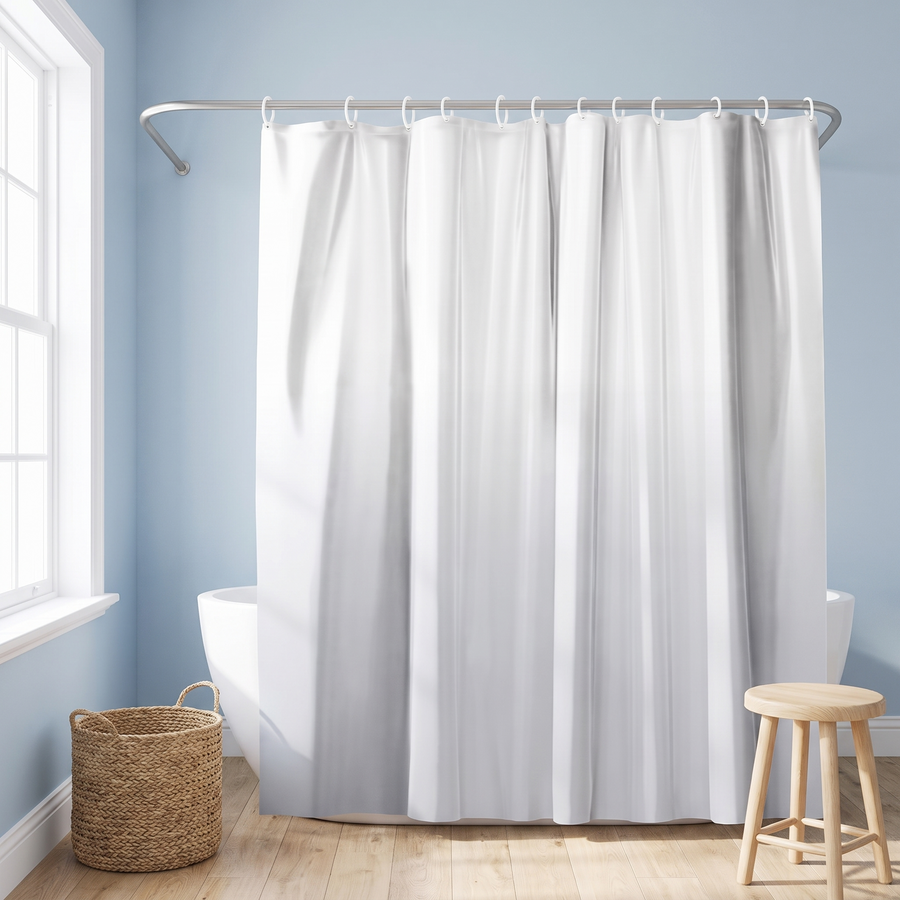 A white shower curtain hanging from a silver rod in a bright bathroom with light blue walls, a bathtub partially visible, a woven basket on the floor, and a wooden stool. 