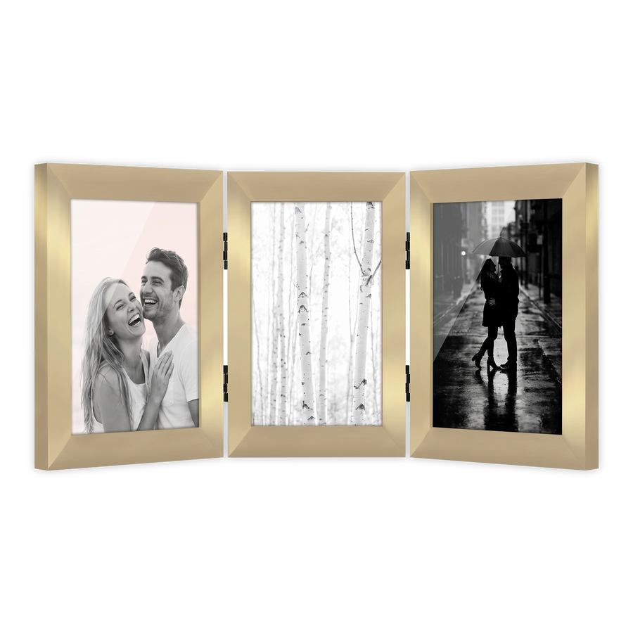 Hinged polished brass 4x6 frame with three panels, a couple, birch trees and a rainy street #flat