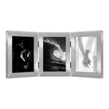 Hinged polished nickel 4x6 frame with three panels, a couple, a wave and clasped hands 
