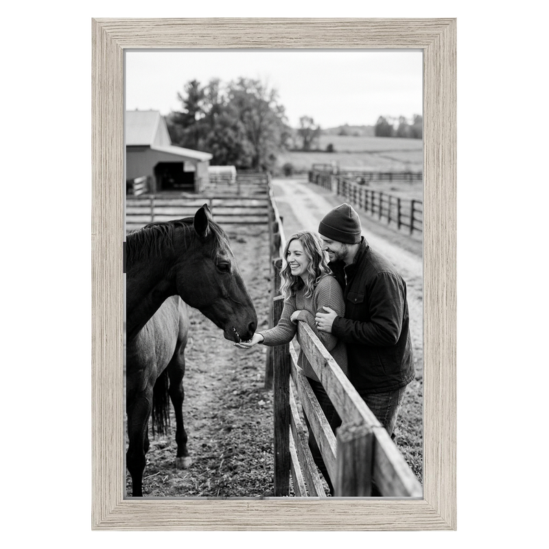 Driftwood Signature frame, 8x12, with a wide white mat, holding a photo of a couple with a horse #flat