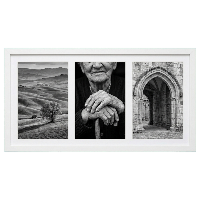 Long white 8x16 collage frame, three 5x7 openings holding hills, portrait and archway photos #flat