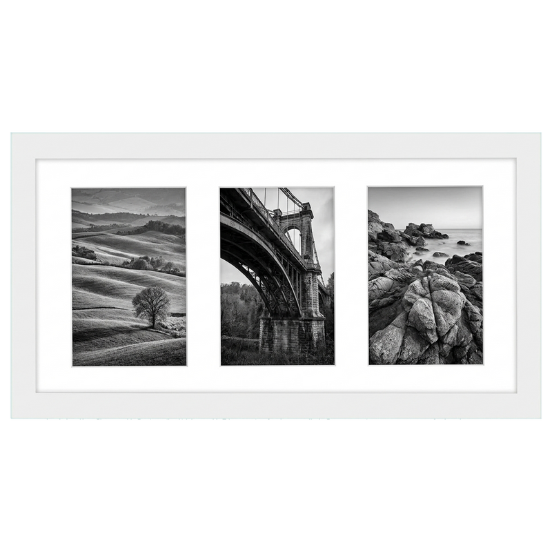 Long white 8x16 collage frame, three openings holding hills, bridge and rocky shore photos #flat